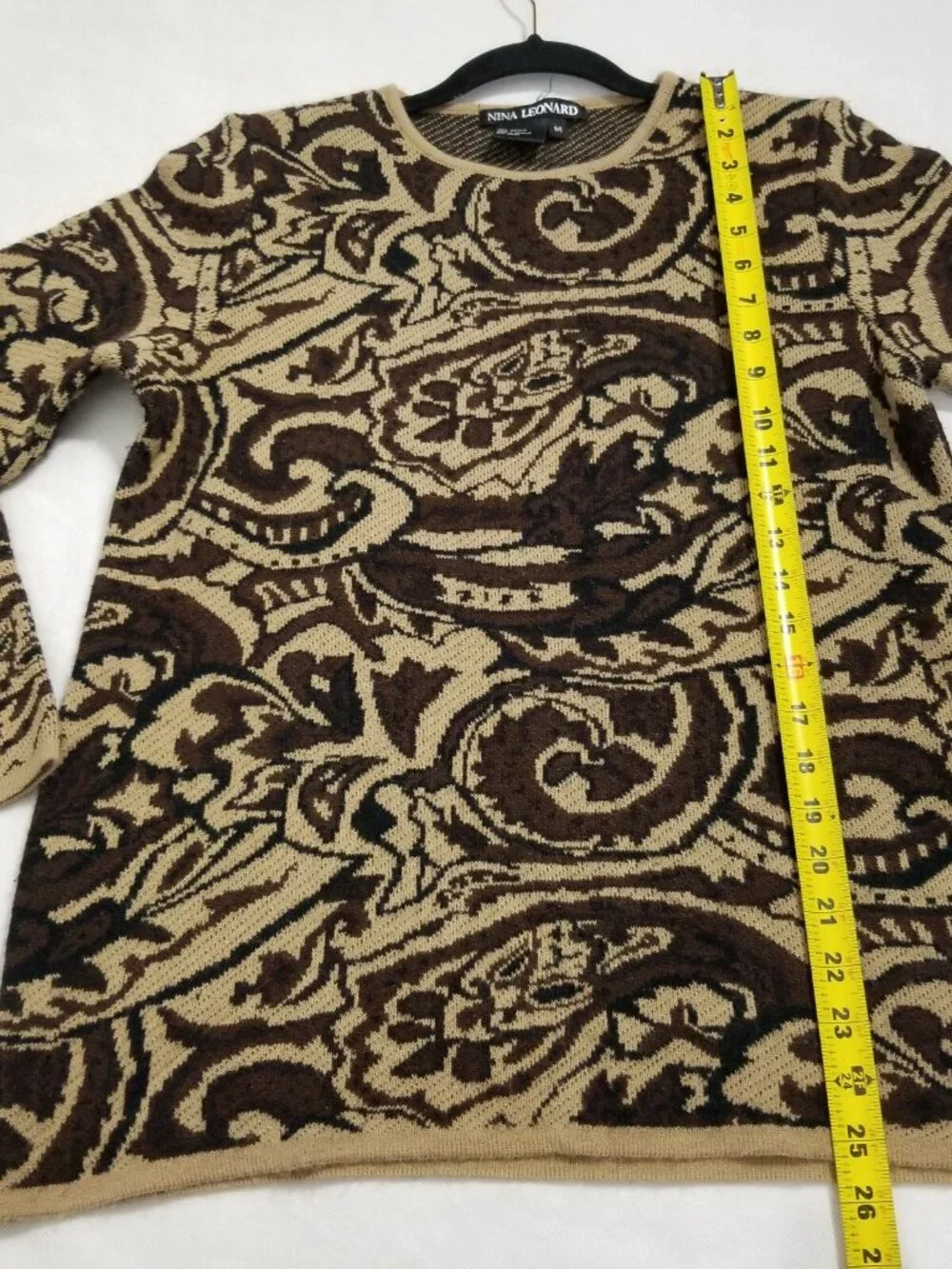 VINTAGE 90s Nina Leonard Sweater Women Medium Acrylic Brown Paisley Knit Leopard
